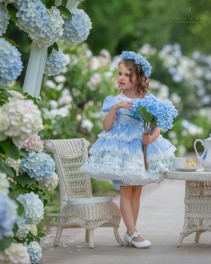 Hydrangea Bloom Royale – Floral Print Vintage Inspired Boutique Girls Dress | Lace Overlay Puff Sleeve Heirloom Style