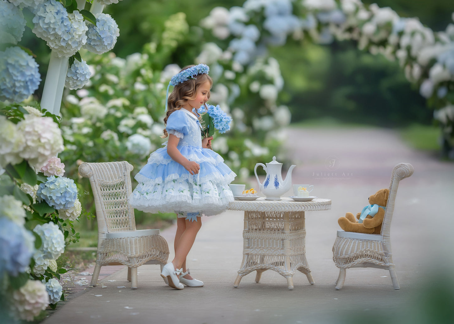 Hydrangea Bloom Royale – Floral Print Vintage Inspired Boutique Girls Dress | Lace Overlay Puff Sleeve Heirloom Style