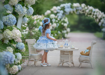 Hydrangea Bloom Royale – Floral Print Vintage Inspired Boutique Girls Dress | Lace Overlay Puff Sleeve Heirloom Style