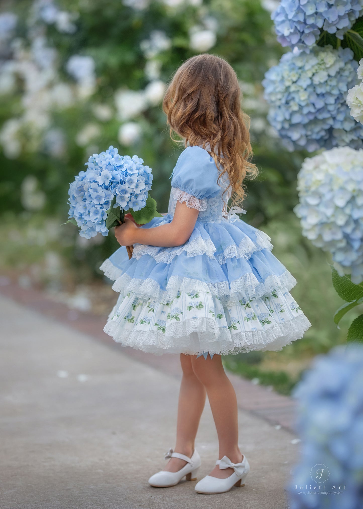 Hydrangea Bloom Royale – Floral Print Vintage Inspired Boutique Girls Dress | Lace Overlay Puff Sleeve Heirloom Style