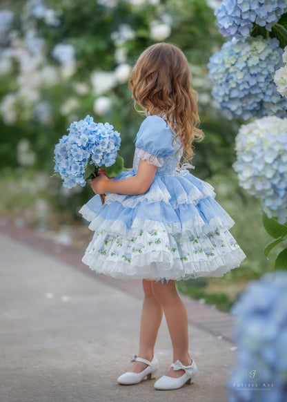 Hydrangea Bloom Royale – Floral Print Vintage Inspired Boutique Girls Dress | Lace Overlay Puff Sleeve Heirloom Style