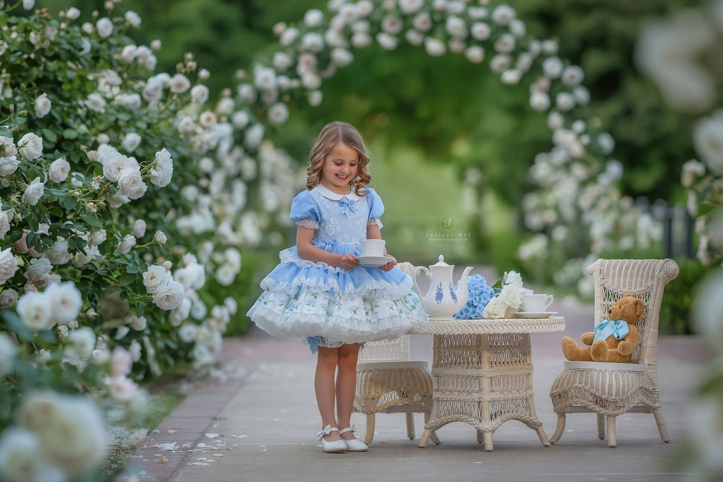 Hydrangea Bloom Royale – Floral Print Vintage Inspired Boutique Girls Dress | Lace Overlay Puff Sleeve Heirloom Style