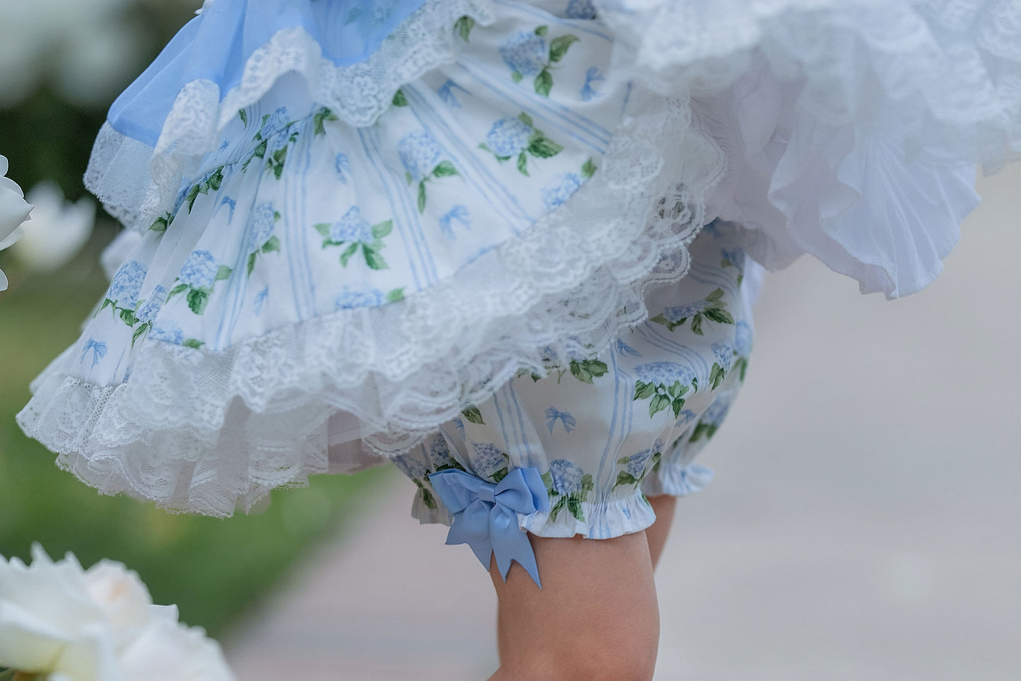 Hydrangea Bloom Royale – Floral Print Vintage Inspired Boutique Girls Dress | Lace Overlay Puff Sleeve Heirloom Style