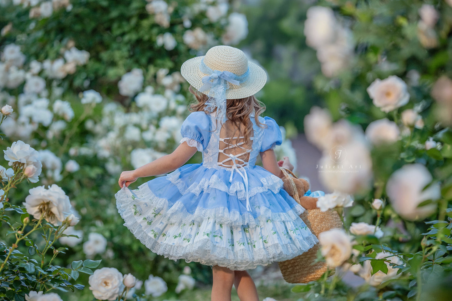 Hydrangea Bloom Royale – Floral Print Vintage Inspired Boutique Girls Dress | Lace Overlay Puff Sleeve Heirloom Style