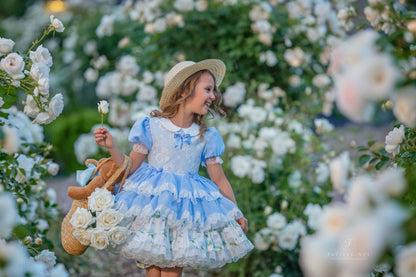 Hydrangea Bloom Royale – Floral Print Vintage Inspired Boutique Girls Dress | Lace Overlay Puff Sleeve Heirloom Style