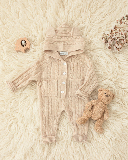 Cashmere Baby Bear Onesie — Hooded Romper with Bear Ears Biege