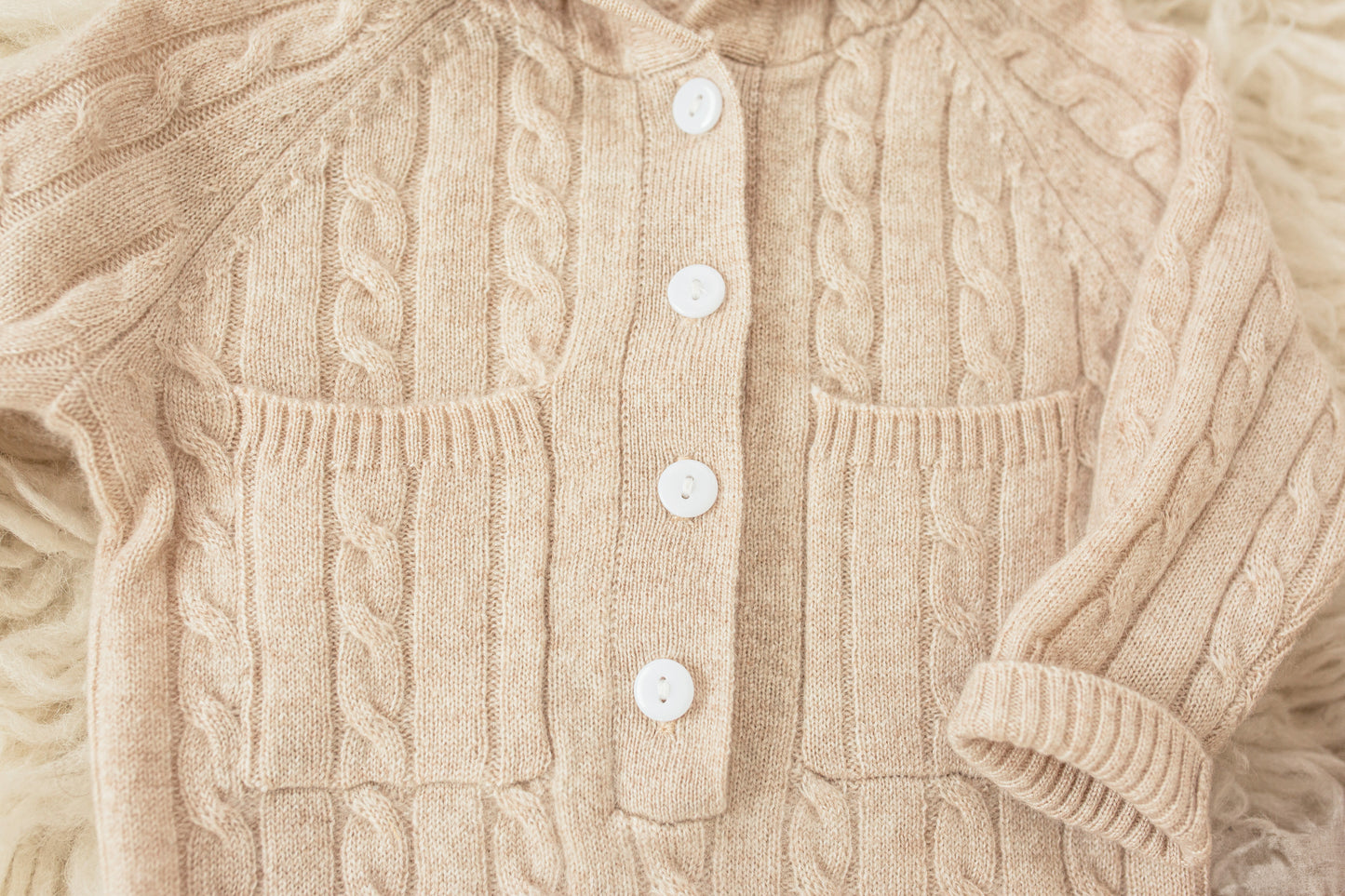 Cashmere Baby Bear Onesie — Hooded Romper with Bear Ears Biege