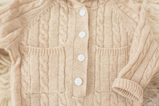 Cashmere Baby Bear Onesie — Hooded Romper with Bear Ears Biege