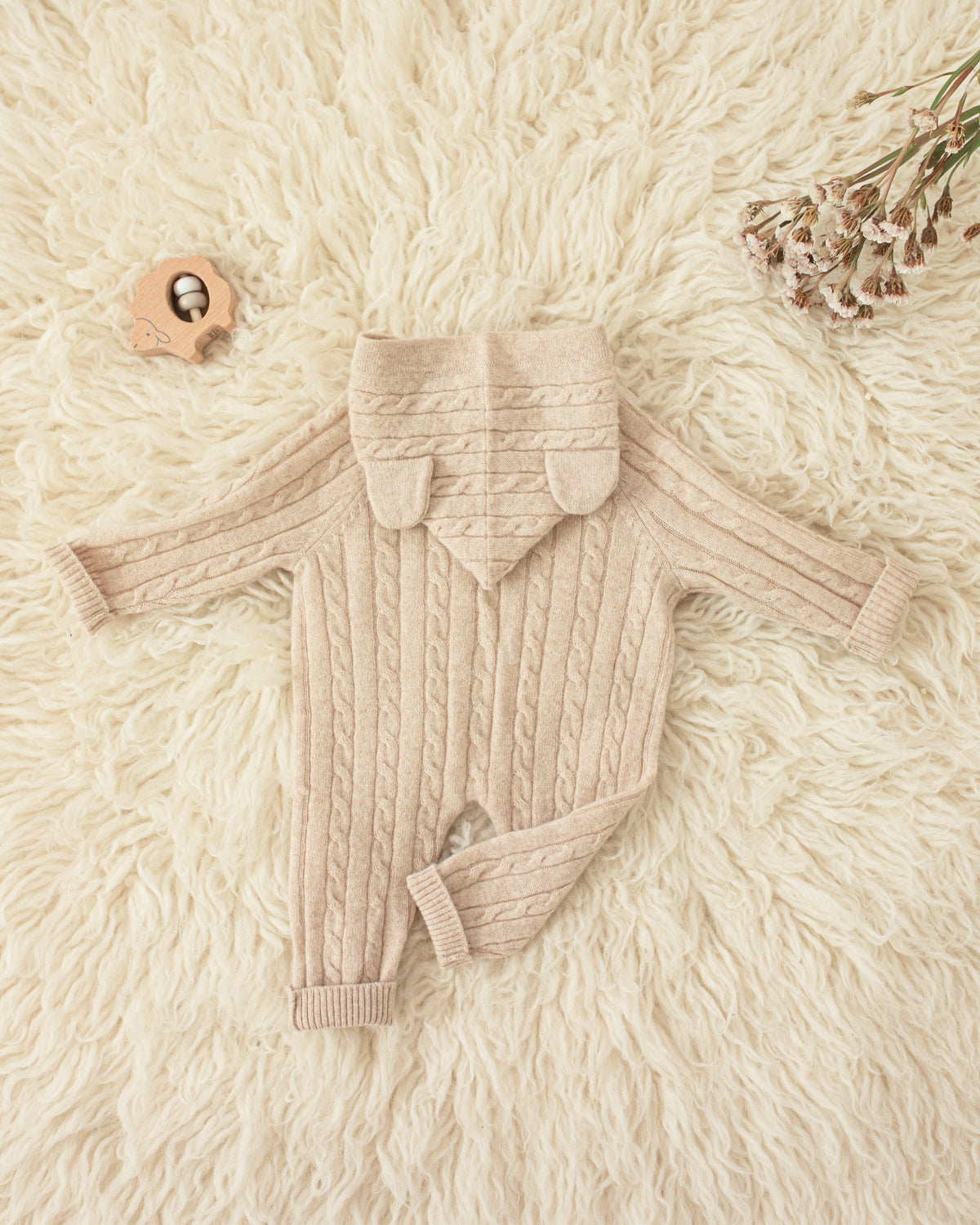 Cashmere Baby Bear Onesie — Hooded Romper with Bear Ears Biege