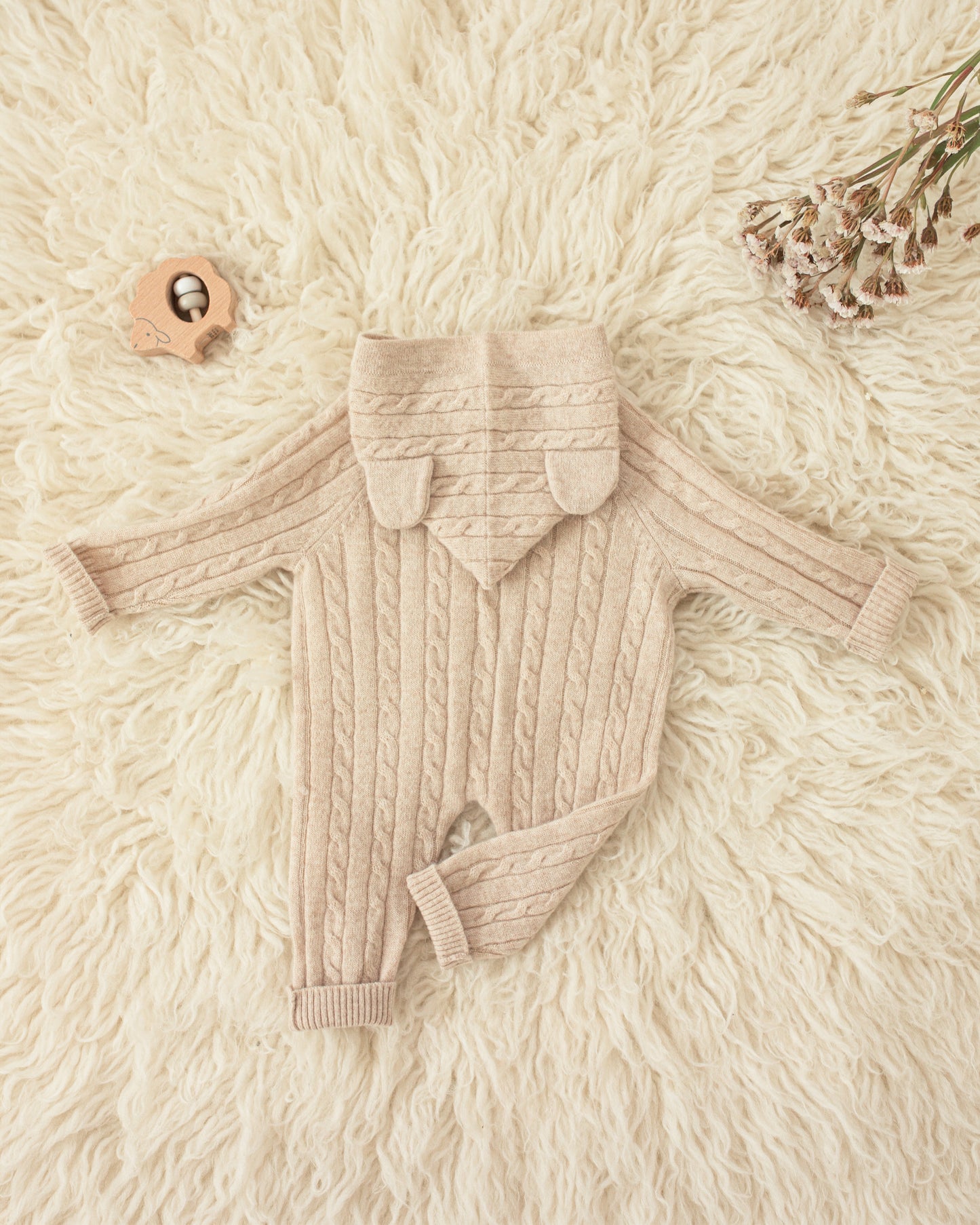 Cashmere Baby Bear Onesie — Hooded Romper with Bear Ears Biege
