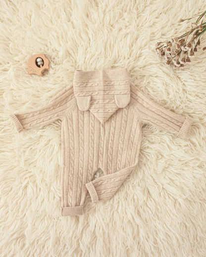 Cashmere Baby Bear Onesie — Hooded Romper with Bear Ears Biege