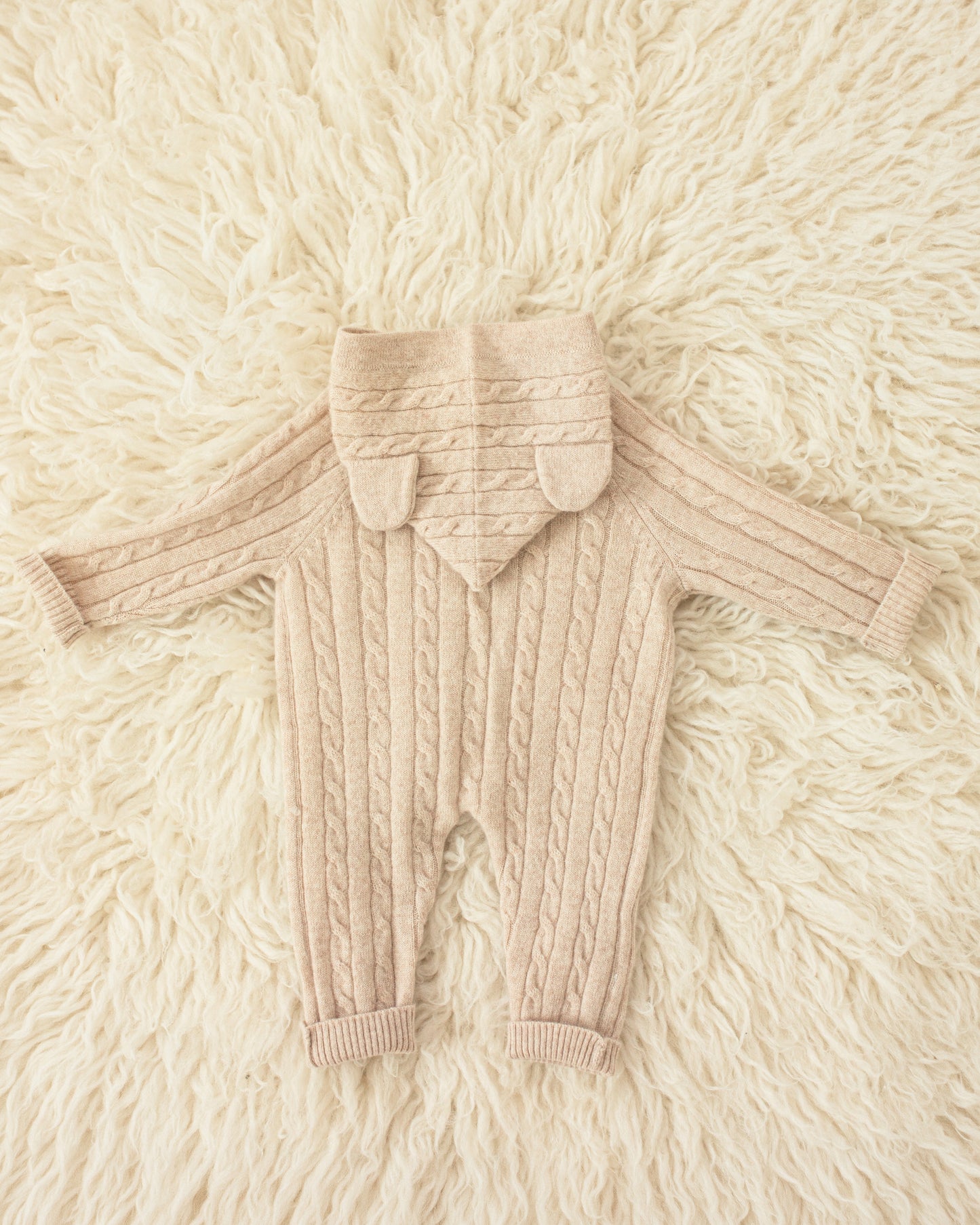 Cashmere Baby Bear Onesie — Hooded Romper with Bear Ears Biege