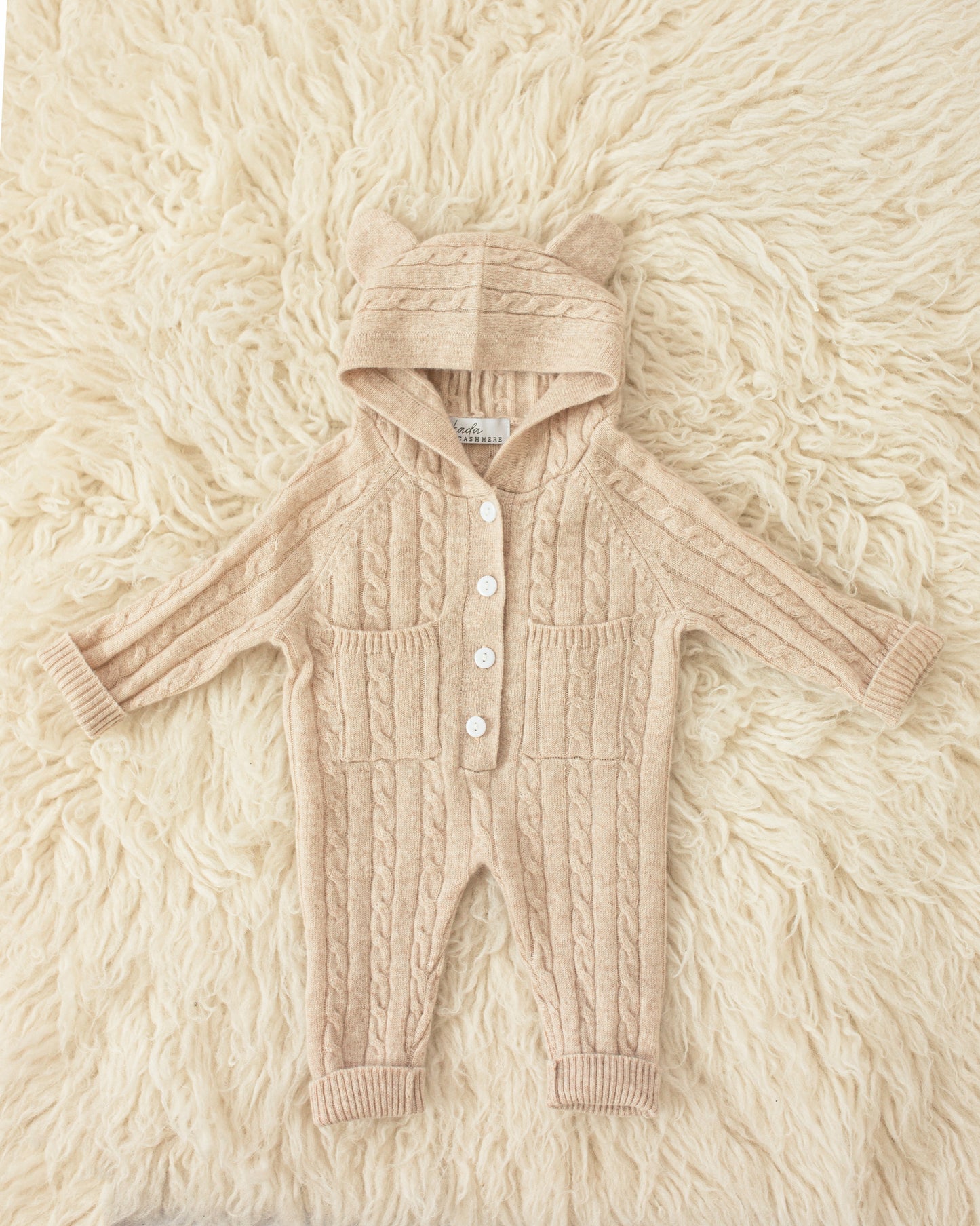 Cashmere Baby Bear Onesie — Hooded Romper with Bear Ears Biege