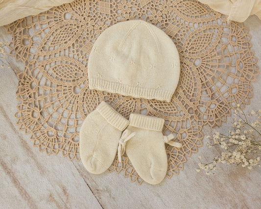 Cashmere Baby Beanie & Socks Set — Scalloped Edge with Pointelle