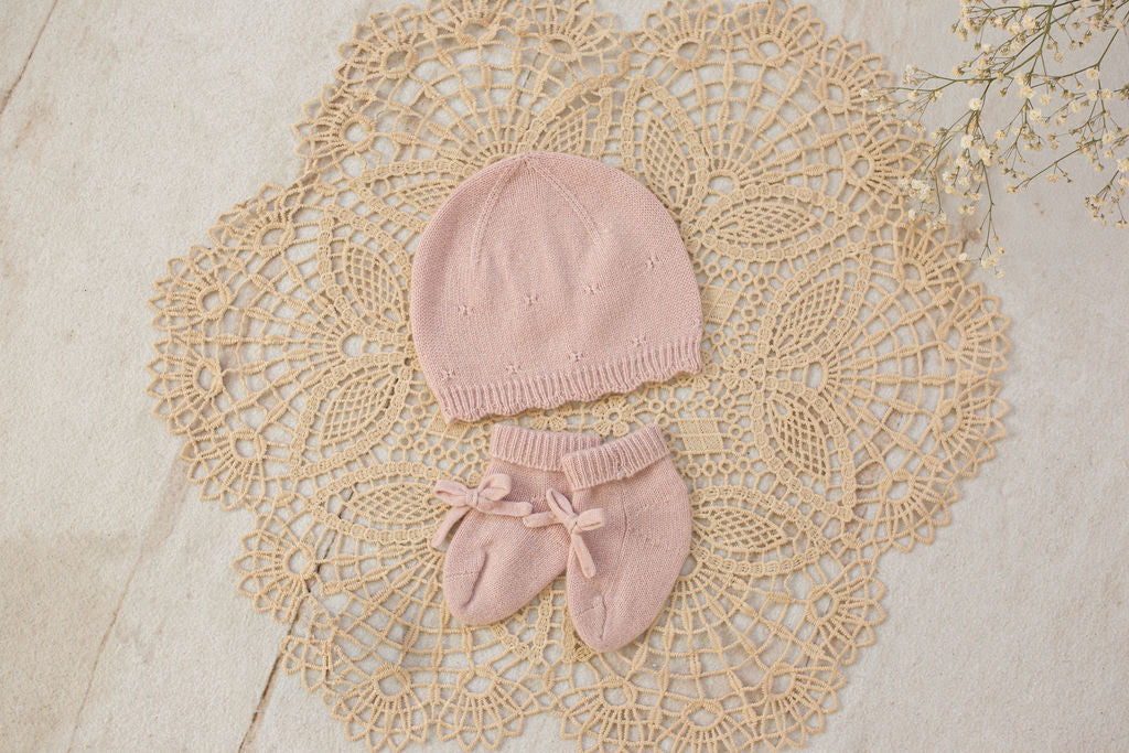 Cashmere Baby Beanie & Socks Set — Scalloped Edge with Pointelle
