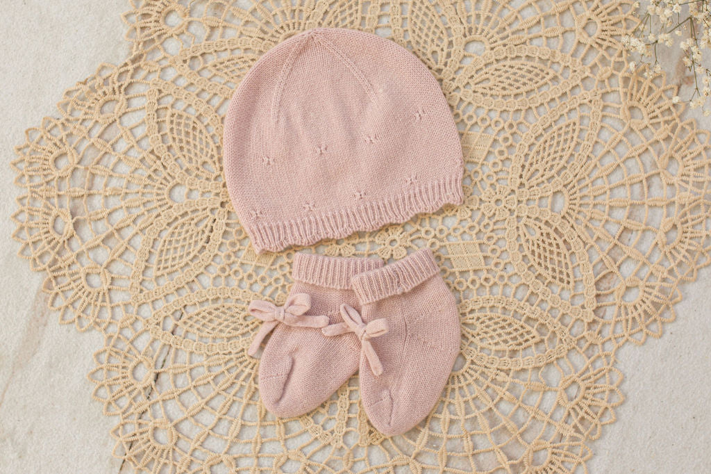 Cashmere Baby Beanie & Socks Set — Scalloped Edge with Pointelle