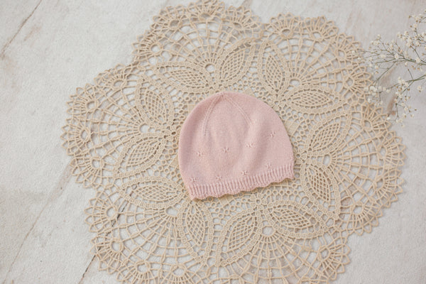 Cashmere Baby Beanie — Scalloped Edge with Pointelle Blush Pink