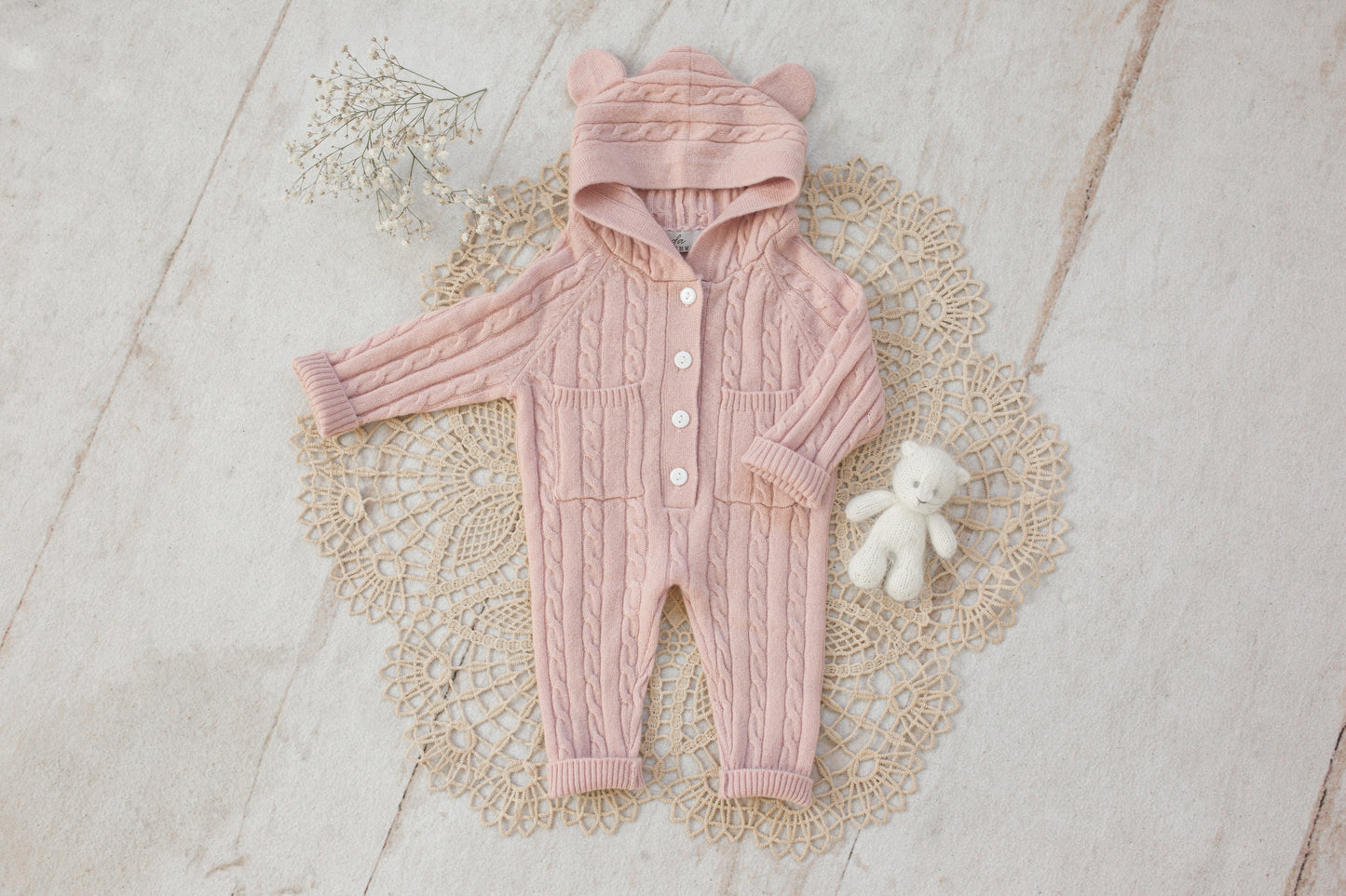 Cashmere Baby Bear Onesie — Hooded Romper with Bear Ears Pink