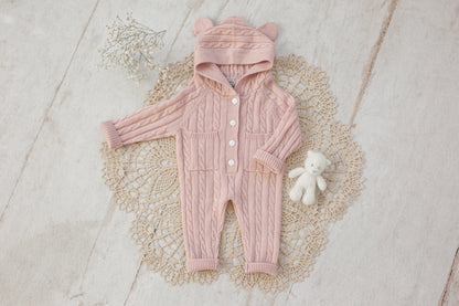 Cashmere Baby Bear Onesie — Hooded Romper with Bear Ears Pink