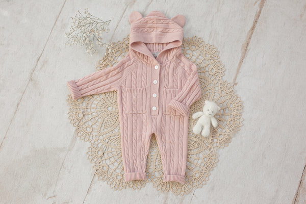 Cashmere Baby Bear Onesie — Hooded Romper with Bear Ears Pink