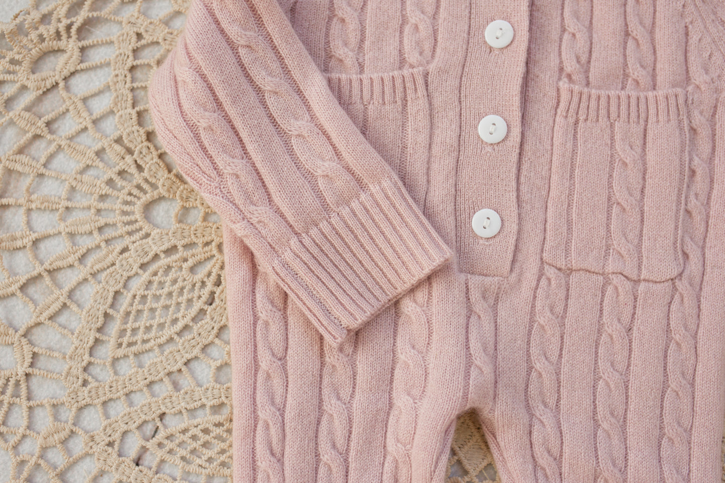 Cashmere Baby Bear Onesie — Hooded Romper with Bear Ears Pink