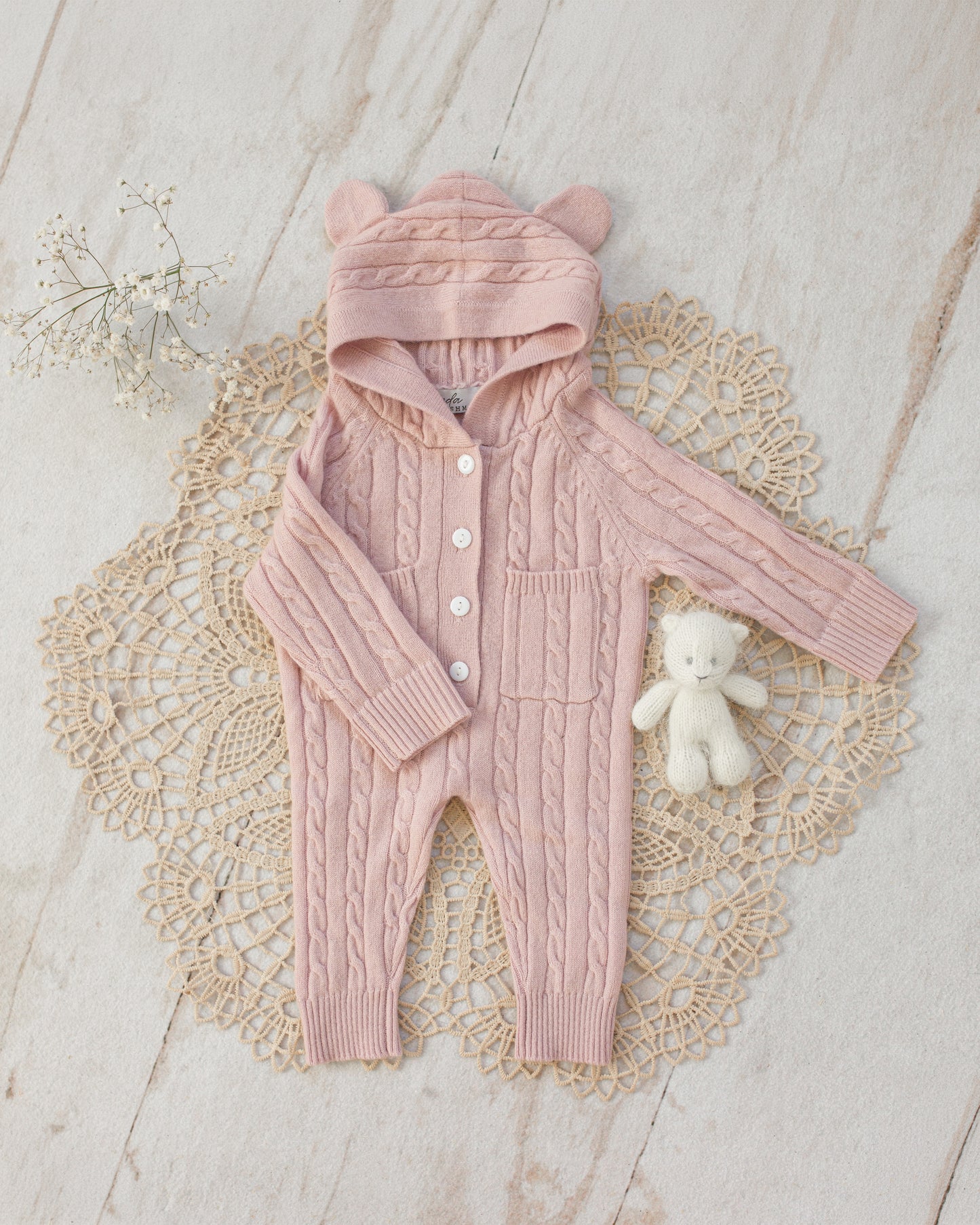 Cashmere Baby Bear Onesie — Hooded Romper with Bear Ears Pink