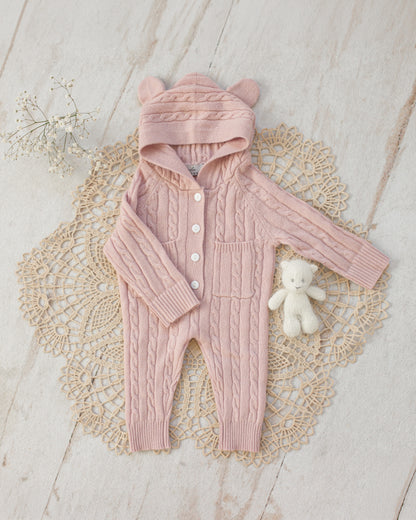 Cashmere Baby Bear Onesie — Hooded Romper with Bear Ears Pink