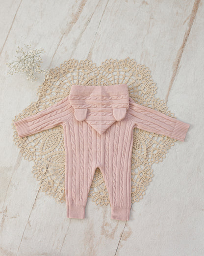 Cashmere Baby Bear Onesie — Hooded Romper with Bear Ears Pink