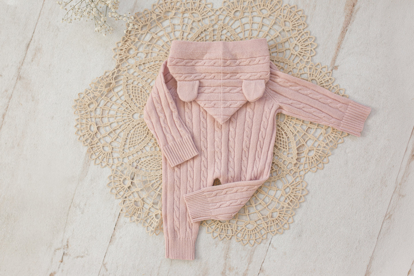 Cashmere Baby Bear Onesie — Hooded Romper with Bear Ears Pink