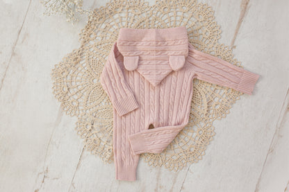 Cashmere Baby Bear Onesie — Hooded Romper with Bear Ears Pink