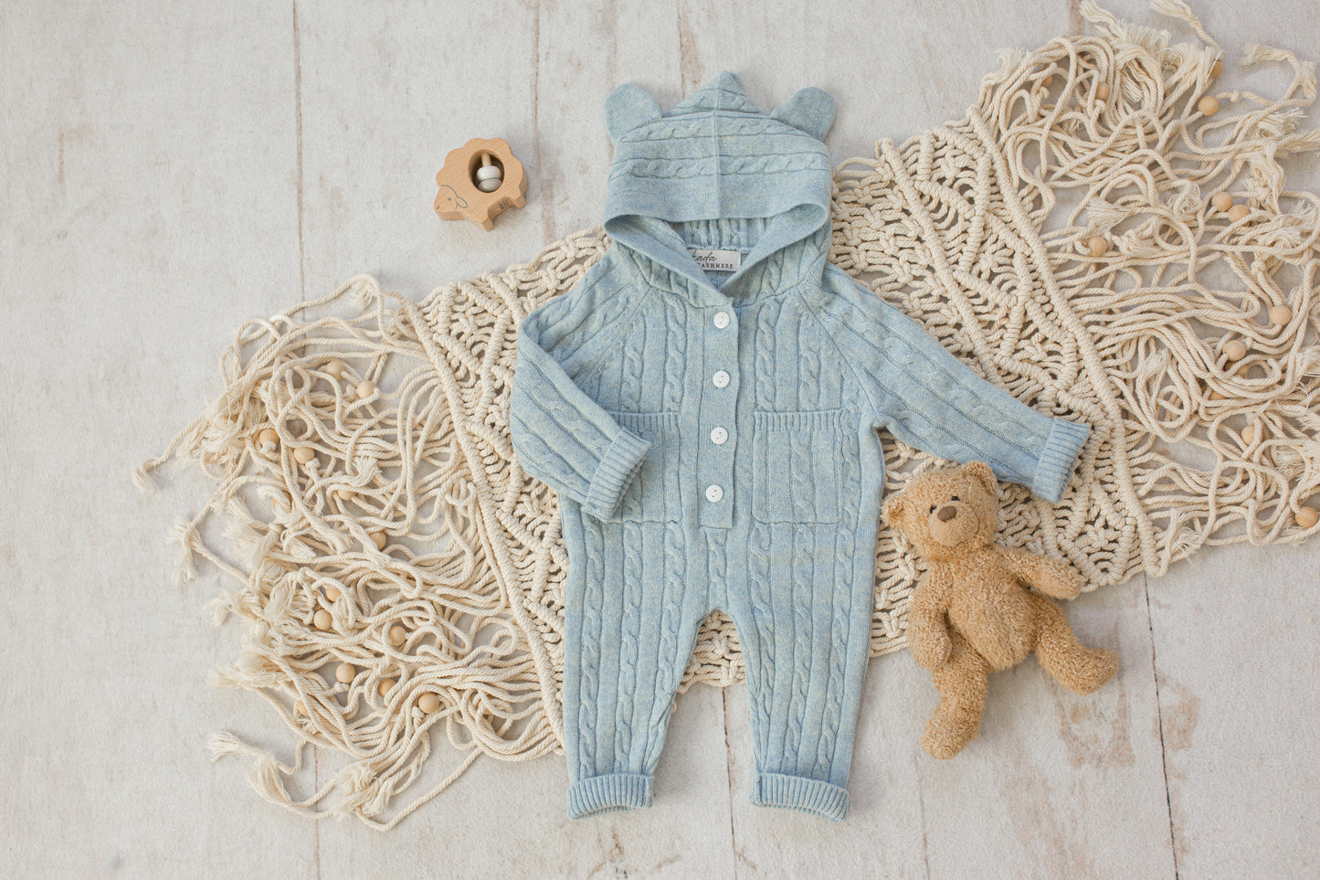 Cashmere Baby Bear Onesie — Hooded Romper with Bear Ears Blue