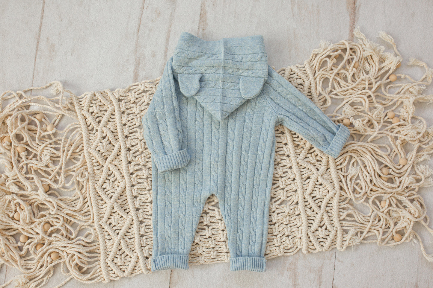 Cashmere Baby Bear Onesie — Hooded Romper with Bear Ears Blue