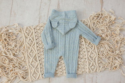 Cashmere Baby Bear Onesie — Hooded Romper with Bear Ears Blue