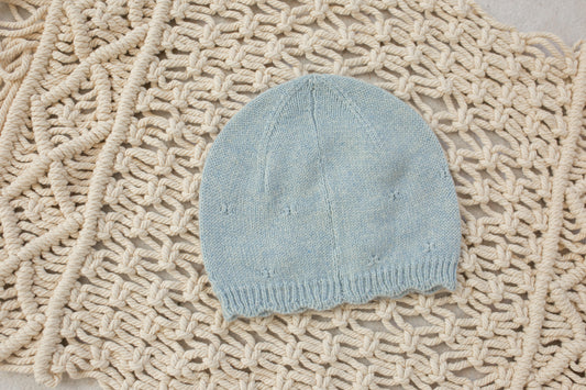 Cashmere Baby Beanie — Scalloped Edge with Pointelle Powder Blue