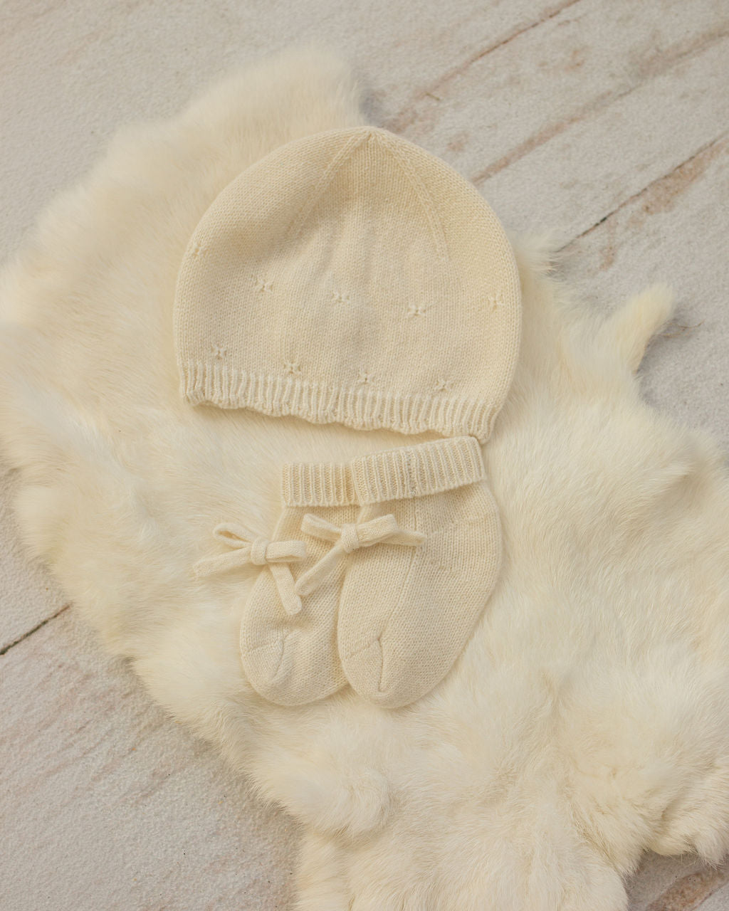 Cashmere Baby Beanie & Socks Set — Scalloped Edge with Pointelle
