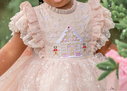 Blush Gingerbread Dream — Embroidered Christmas Girls Dress | Luxury Boutique Holiday Dress with Full Petticoat & Bloomer | Heirloom Quality | Pre-Order