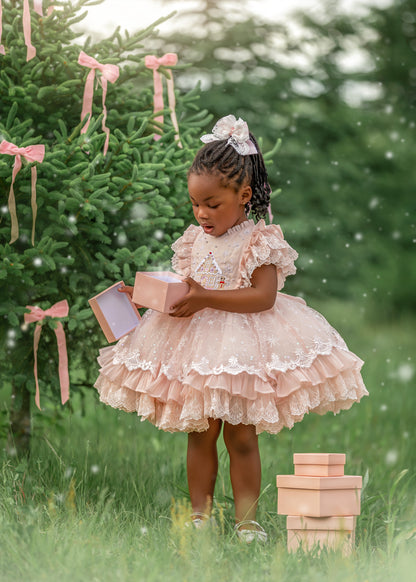Blush Gingerbread Dream — Embroidered Christmas Girls Dress | Luxury Boutique Holiday Dress with Full Petticoat & Bloomer | Heirloom Quality | Pre-Order