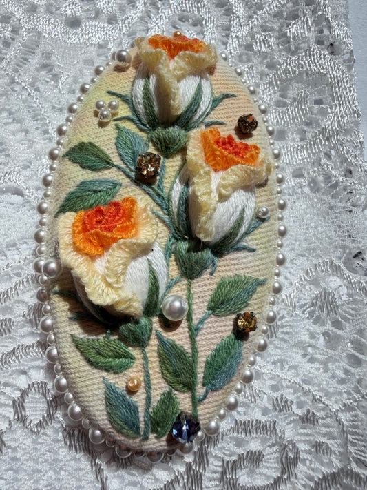 Hand-Embroidered 3D Rose Hair Clip — Soleil, Yellow & Orange