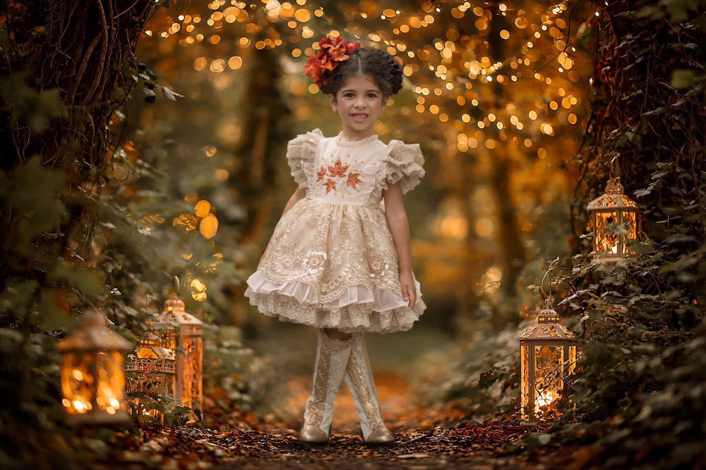 Falling in Lace — Embroidered Autumn Leaf Girls Dress | Gold Lace Ruffle Heirloom Boutique Dress