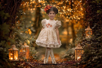Falling in Lace — Embroidered Autumn Leaf Girls Dress | Gold Lace Ruffle Heirloom Boutique Dress