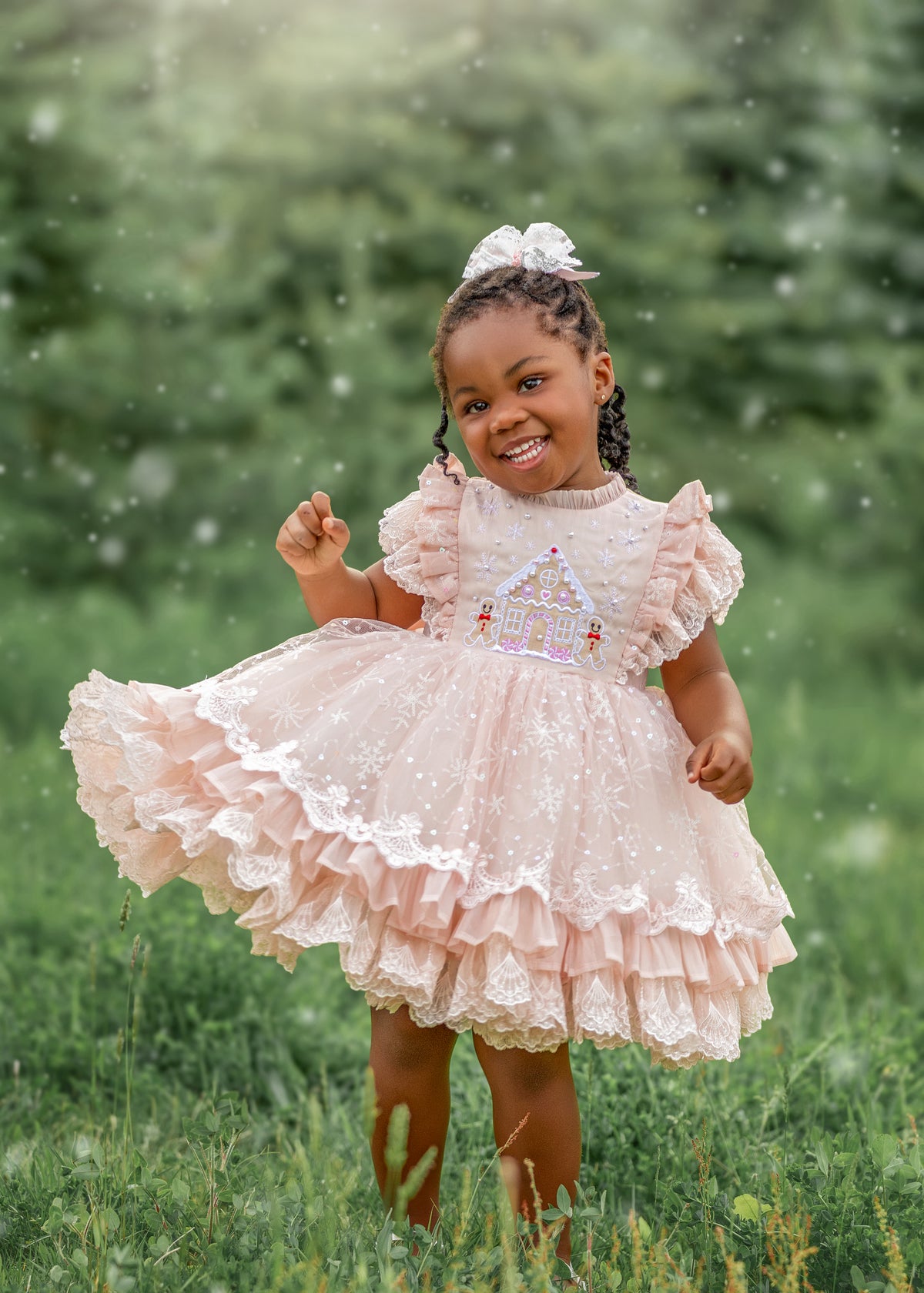 Blush Gingerbread Dream – Embroidered Vintage Inspired Boutique Girls Dress | Tulle Organza Lace Heirloom Style Christmas Dress