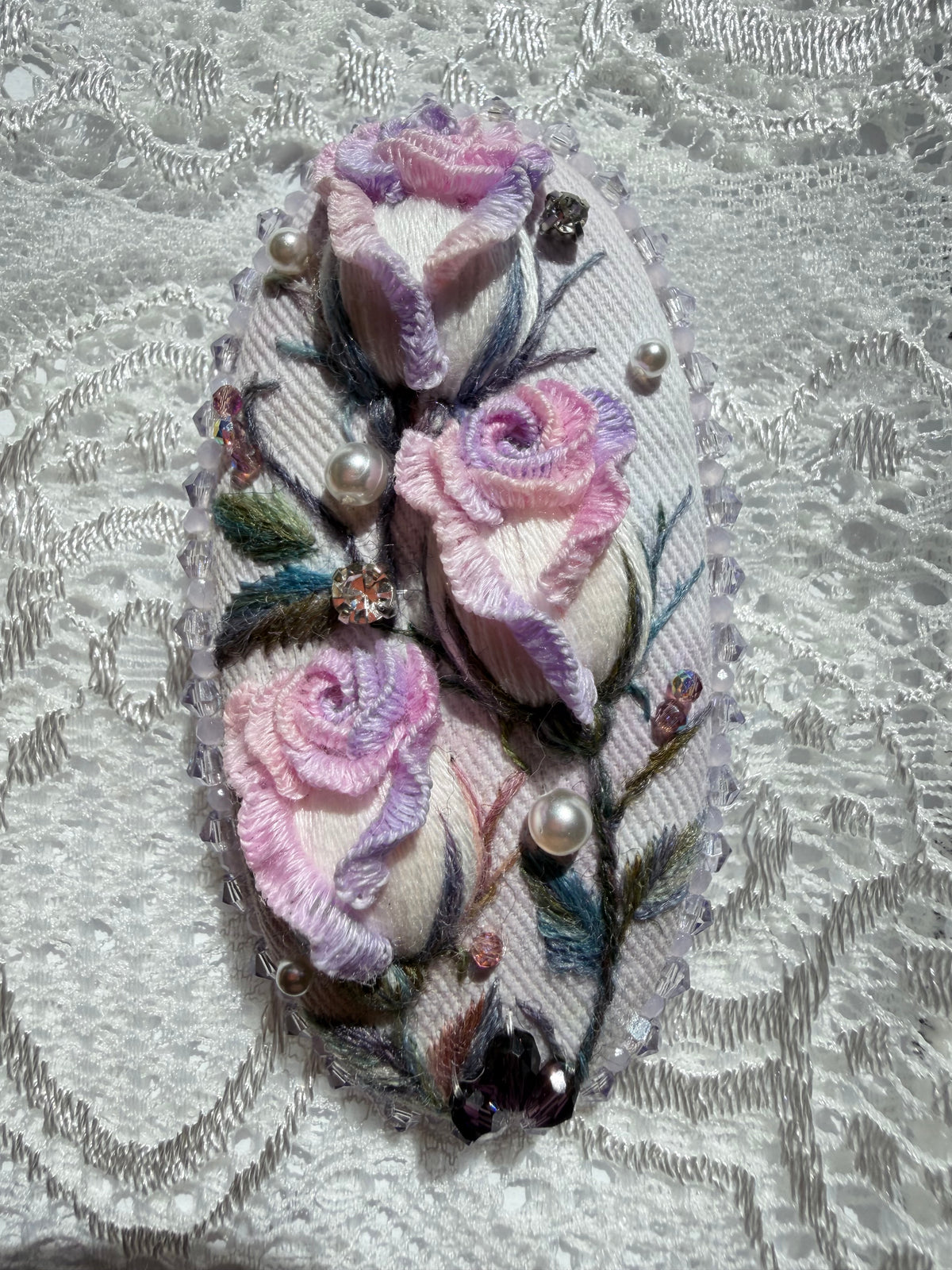 Hand-Embroidered 3D Rose Hair Clip — Brume, Vintage Pink & Grey