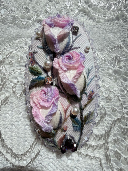 Hand-Embroidered 3D Rose Hair Clip — Brume, Vintage Pink & Grey