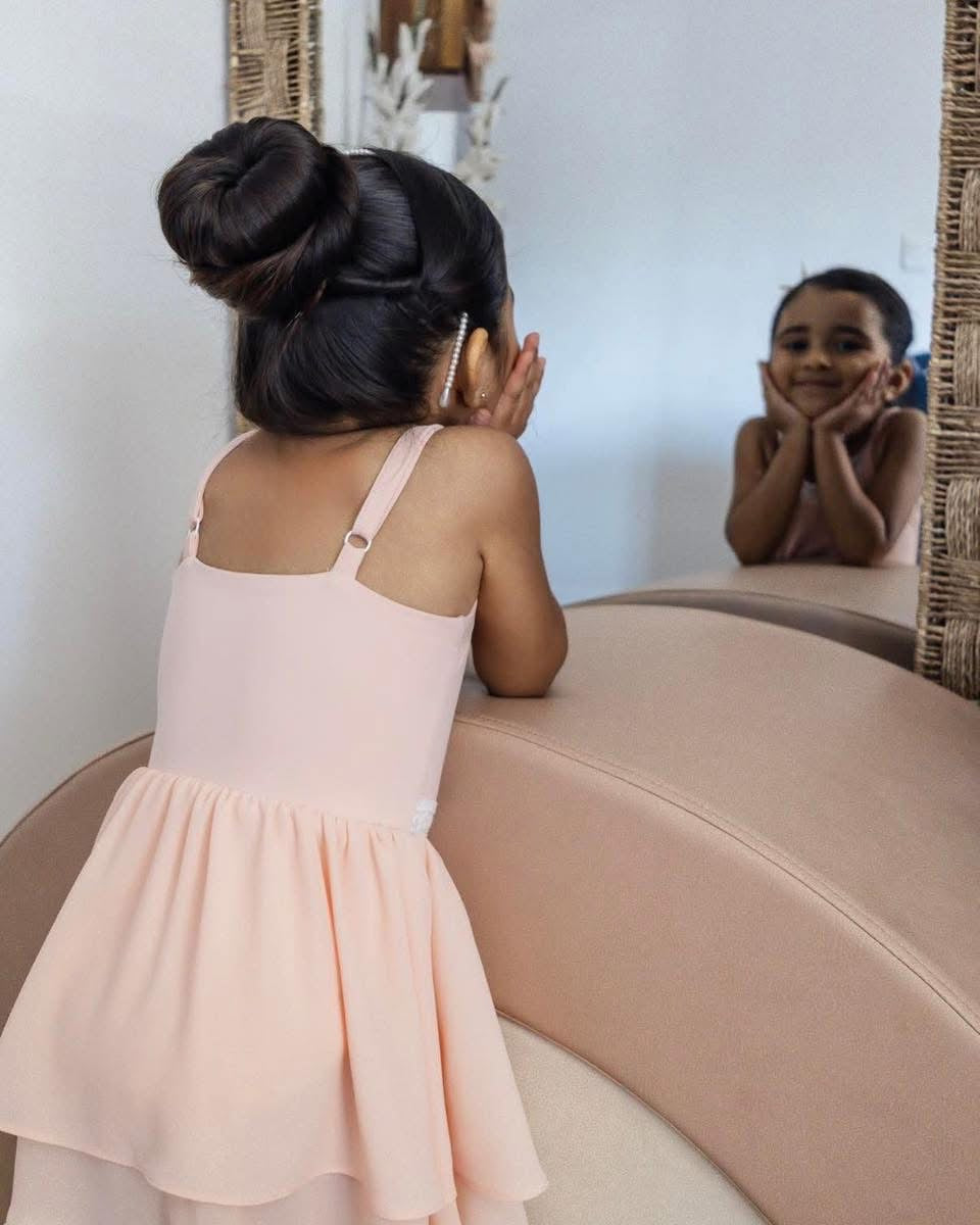 Ballet Pink Pirouette – Lace Detail Chiffon Boutique Girls Dance Leotard | Built-In Shorts Adjustable Straps Heirloom Style