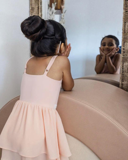 Ballet Pink Pirouette – Lace Detail Chiffon Boutique Girls Dance Leotard | Built-In Shorts Adjustable Straps Heirloom Style