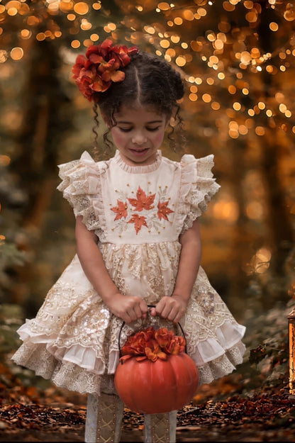 Falling in Lace — Embroidered Autumn Leaf Girls Dress | Gold Lace Ruffle Heirloom Boutique Dress