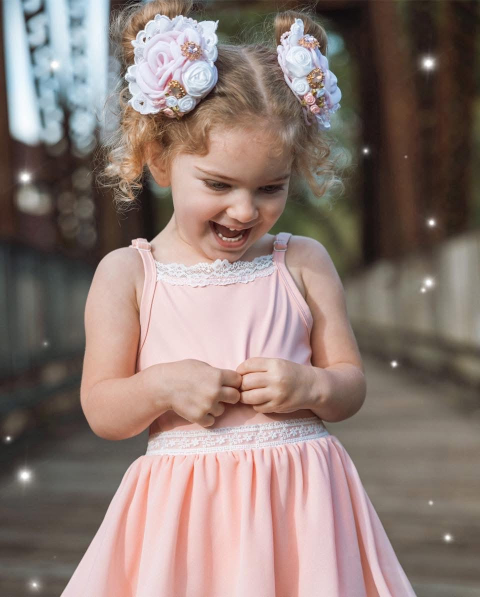 Ballet Pink Pirouette – Lace Detail Chiffon Boutique Girls Dance Leotard | Built-In Shorts Adjustable Straps Heirloom Style