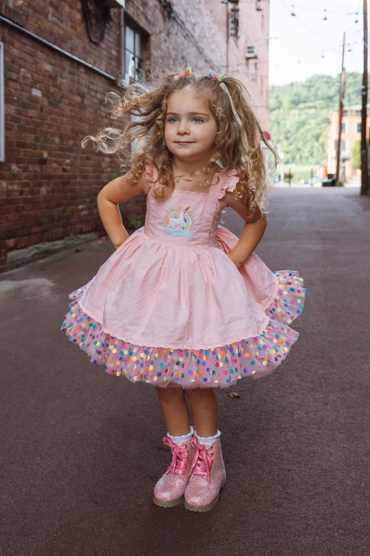 Unicorn Dreams Dress – HAND Embroidered Bodice | Cotton Boutique Girls Dress | Tulle Lace Ruffle Heirloom Style