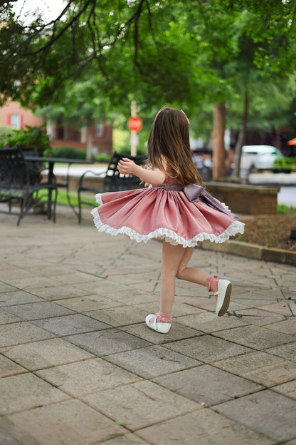October Blush Dress – Embroidered Luxury Silk Boutique Girls Dress | Pumpkin Motif Lace Heirloom Style