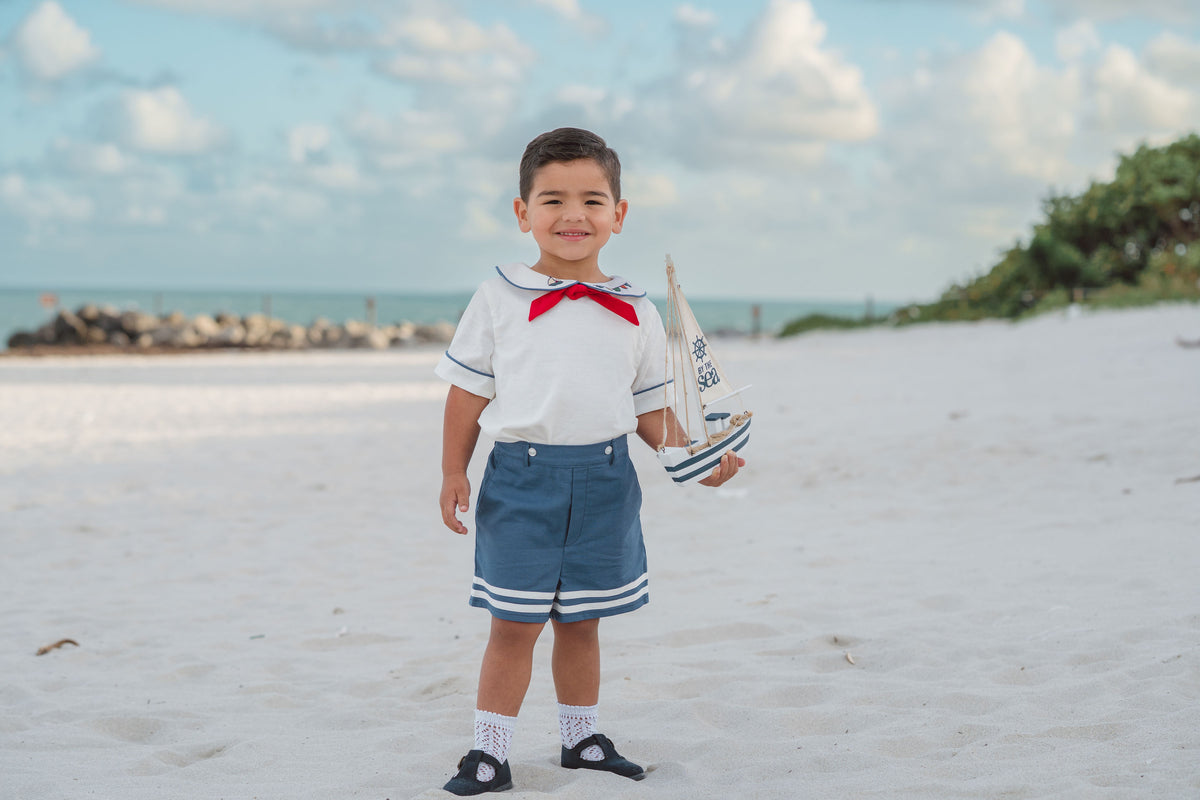 Little Sailor Suit – Hand Embroidered Cotton Linen Boutique Boys Suit | Nautical Heirloom Style Special Occasion